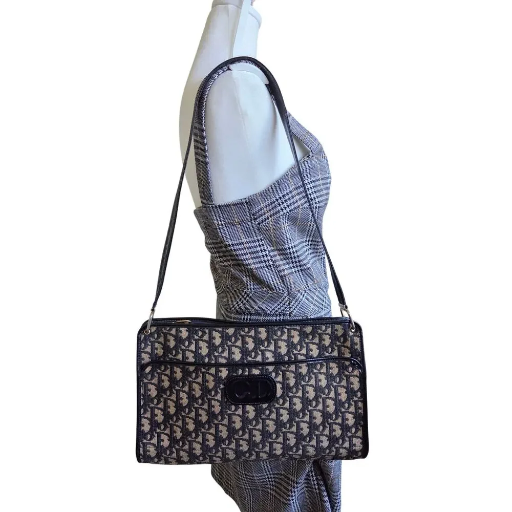 Christian Dior Trotter Monogram Shoulder Bag Navy Canvas CD Logo Vintage - Picture 2 of 16